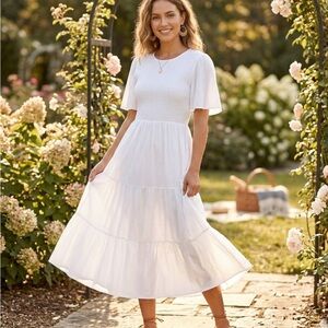 New Women’s Kirundo White Tiered Boho Maxi Dress Flow Short Sleeve Size L Fairy